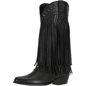 Women's Black Cow Girl Block Heel Calf High Faux Suede Western Boots Shoes